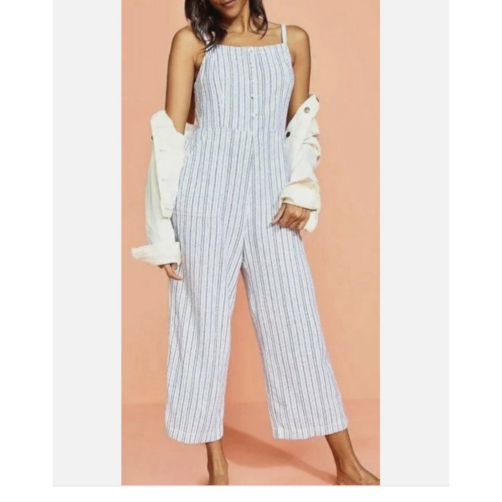 Old Navy Capri Jumpsuit Linen Blend Wide Leg Blue White Stripe‎ Pockets Beach S